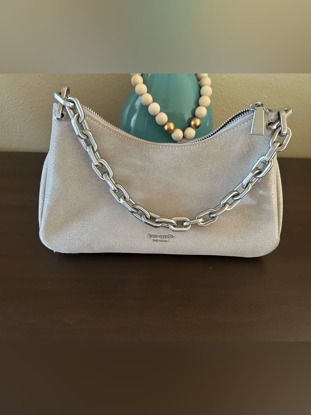 Kate Spade New York Grace Glitter Suede Shoulder Bag- Silver NWT
